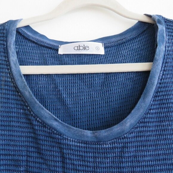 ABLE Distressed Blue Waffle Knit Crochet Cuff Swing Dress Boho Casual - Size S - Picture 5 of 15